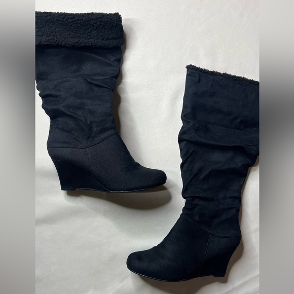 Black Suede Wedge Heeled Boot Lined with Sherpa - Picture 1 of 7